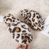 Women's Sandals Leopard Plush Open Toe Fuzzy Faux Fur House Flat Cross Band Fur Slides Bedroom Slippers 