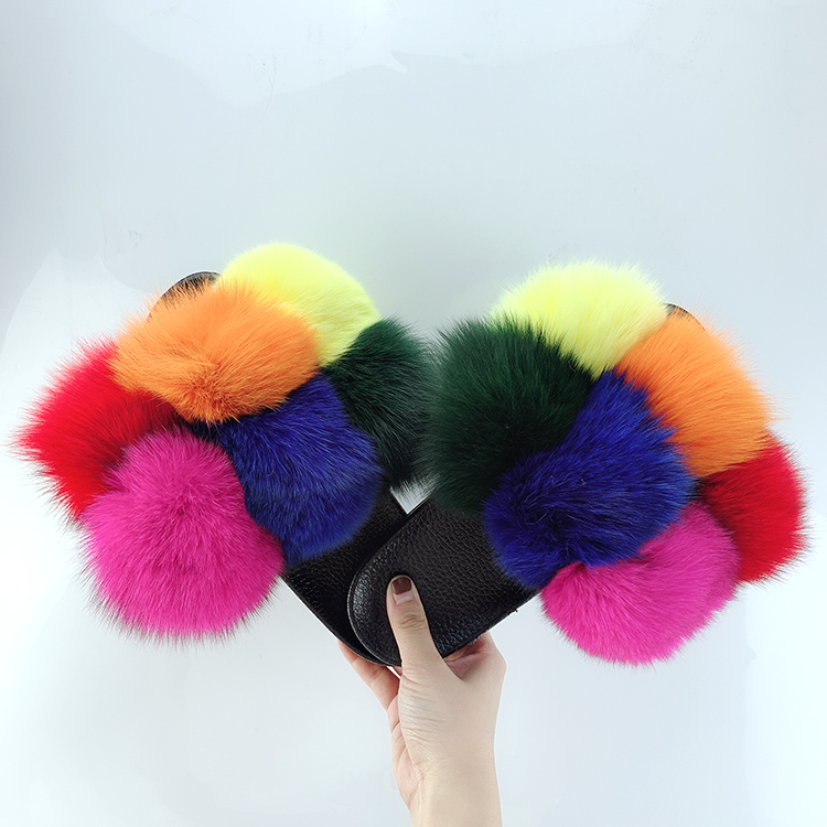 Women's Luxury Open Toe Real Raccon Fur Slides Indoor Outdoor Flat Fluffy Fox Fur Feather Sandals Slippers