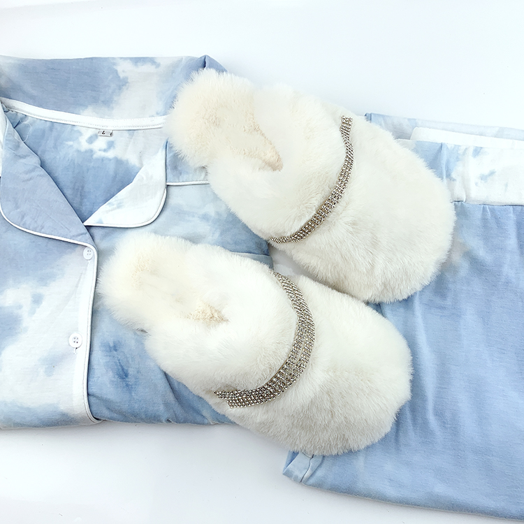 Women Fashion Soft White Rabbit Fur Wedding Shoes Fluffy Diamond Fur Slippers Custom Logo