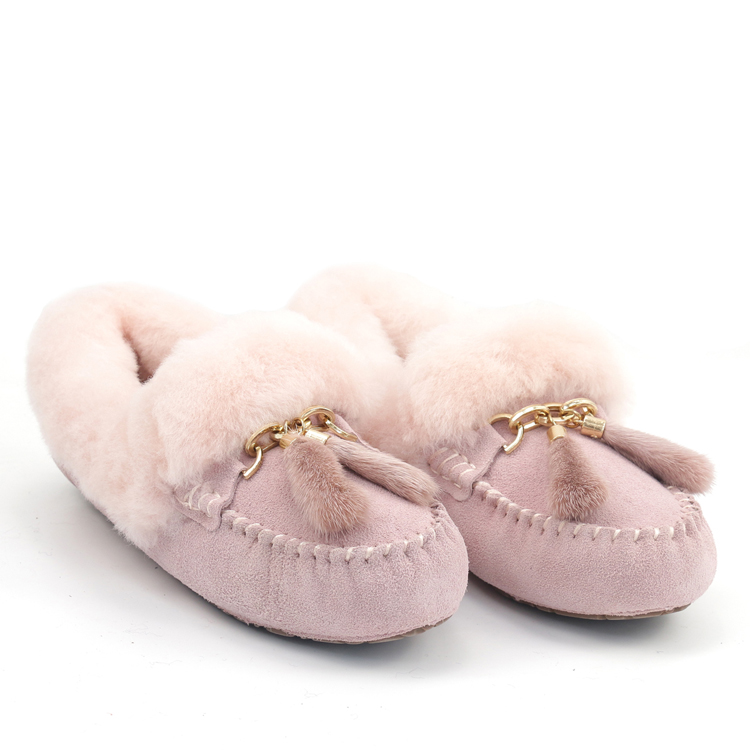 Custom Women's Sheepskin Fur Lined Cow Suede House Breathable Indoor Outdoor Flat Moccasin Slippers for Ladies