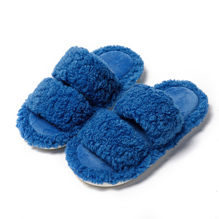 Custom Comfy Fluffy Fuzzy Double Strap Fashion Lamb Fur Slides Slippers for Women