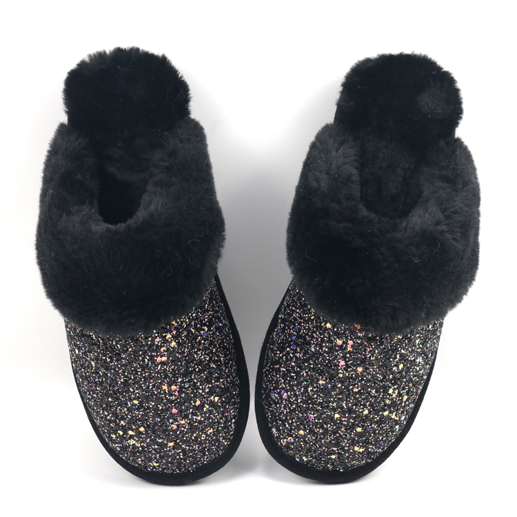 Fashion Winter Warm Indoor Outdoor Furry Faux Sheepskin Fur Pink Bling Bling Glitter Slippers for Women 
