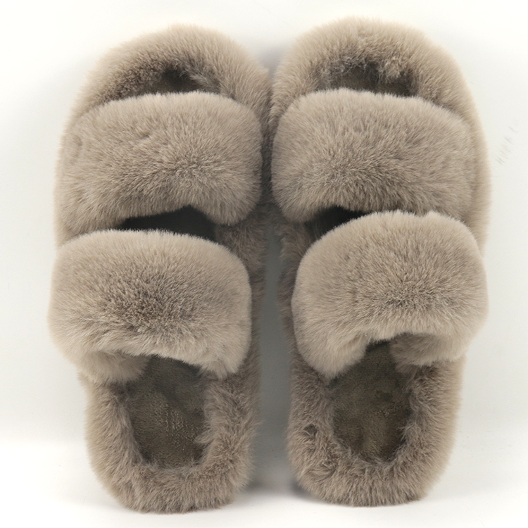 Fashion Comfortable Outdoor Two Strape Open Toe Flat Fluffy Vegan Faux Fur Slides Indoor Fuzzy Slippers for Women 