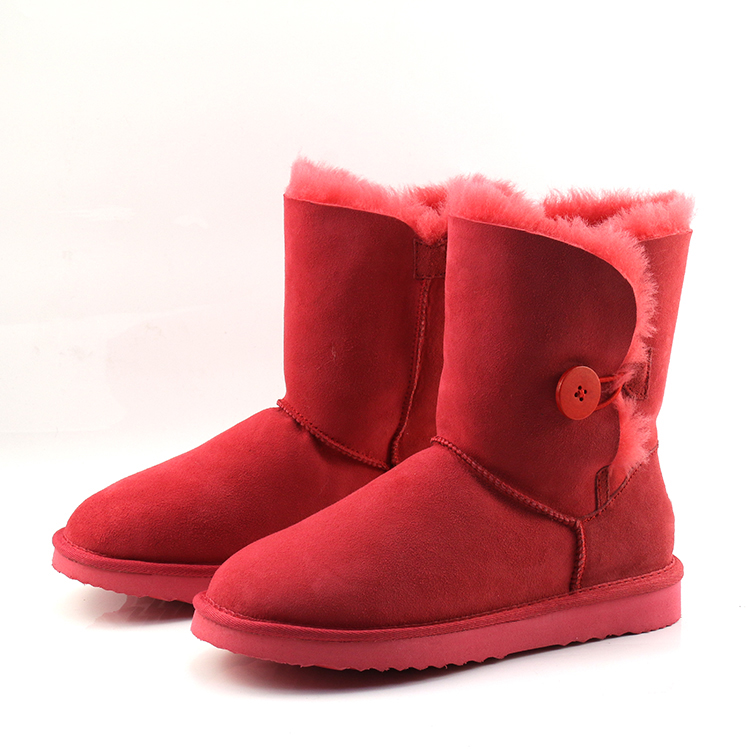 Custom Women Real Sheep Fur Leather Button Winter Wool Snow Boots Flat Non-Slip Sheep Ladies Sheepskin Boots