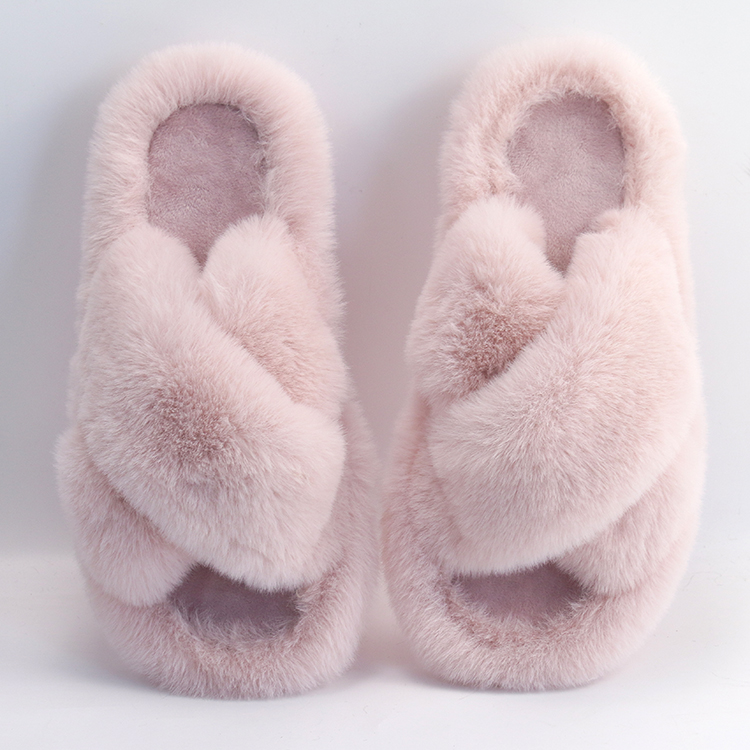 Fashion Comfortable Cross Band Outdoor Open Toe Flat Fluffy Vegan Faux Rabbit Fur Slide Indoor Fuzzy Slippers for Women