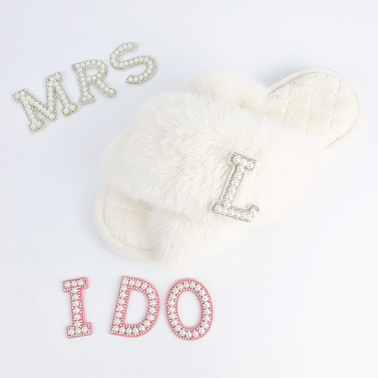Soft Warm Elegant Cross Band Bridesmaid Fluffy Rhinestone Bride Slippers Custom Logo Wedding Shoes for Women